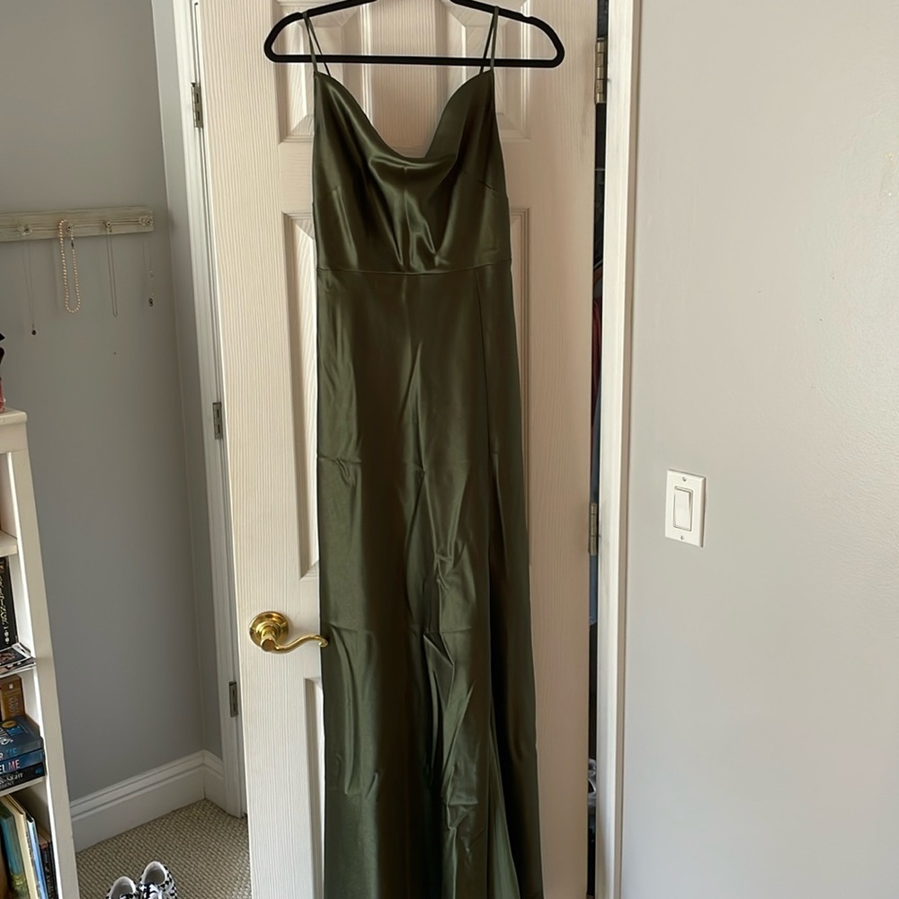 Lisa Long Dress - Olive Shiny Satin